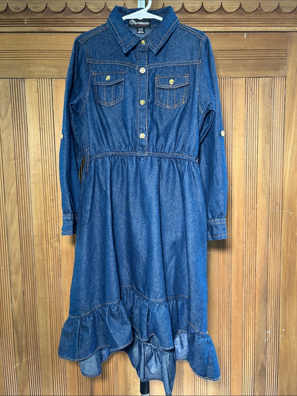 Dollhouse Dark Blue Denim Shirt Dress  Asymmetrical Ruffle Hem Girl’s Size 10/12